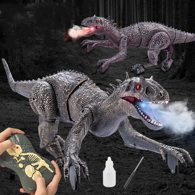 Remote control dinosaur toy with textured scales, red eyes, and smoke-breathing feature.