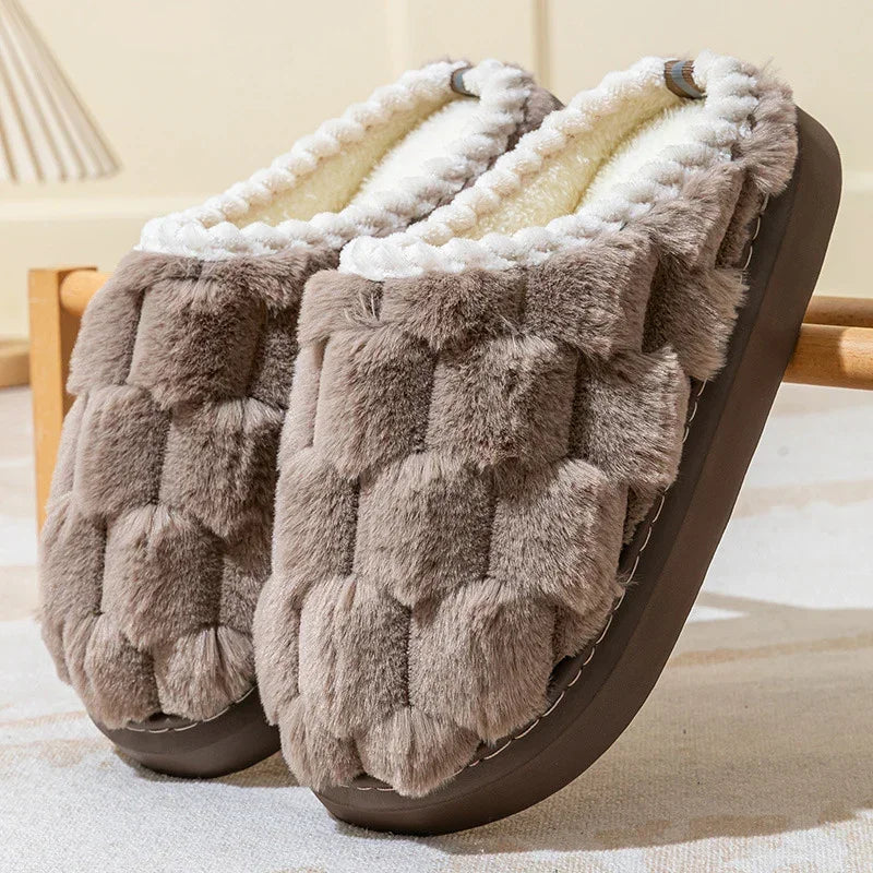 Brown faux fur plush slippers with textured check pattern, cozy indoor slip-on style
