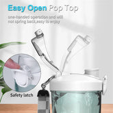 Clear plastic water bottle with easy-open pop top lid and safety latch, shown on tabletop.