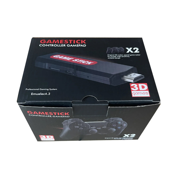 Black Game Stick controller gamepad package with image of wireless HDMI gaming console and controller.
