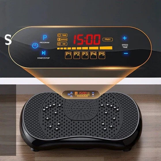 Black vibration plate exercise machine with textured surface and digital control panel