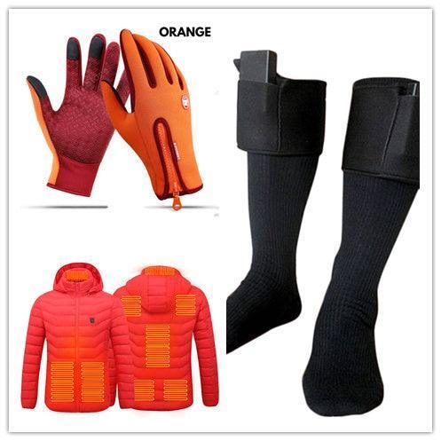 Futuristic streetwear set with orange insulated gloves, black tech socks, and red heated jacket.