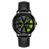 Black leather strap watch with black and neon green accents, futuristic openwork dial