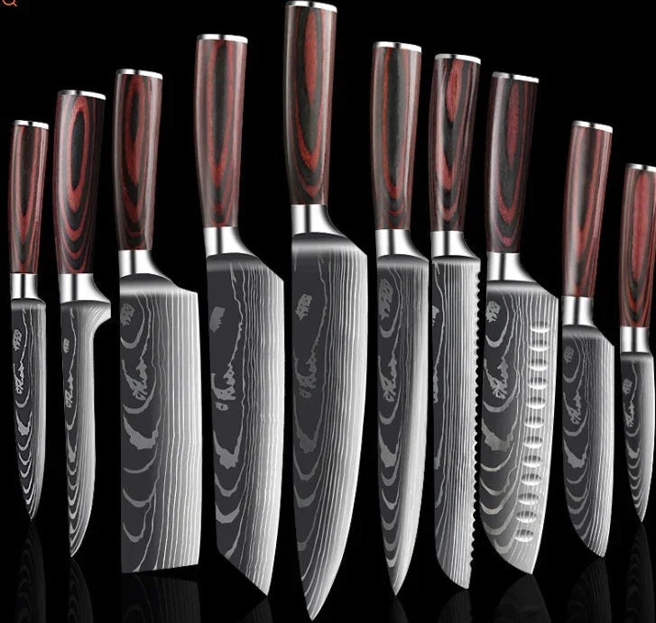 Set of chef knives with dark wood handles and Damascus-style stainless steel blades
