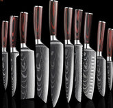 Set of chef knives with dark wood handles and Damascus-style stainless steel blades