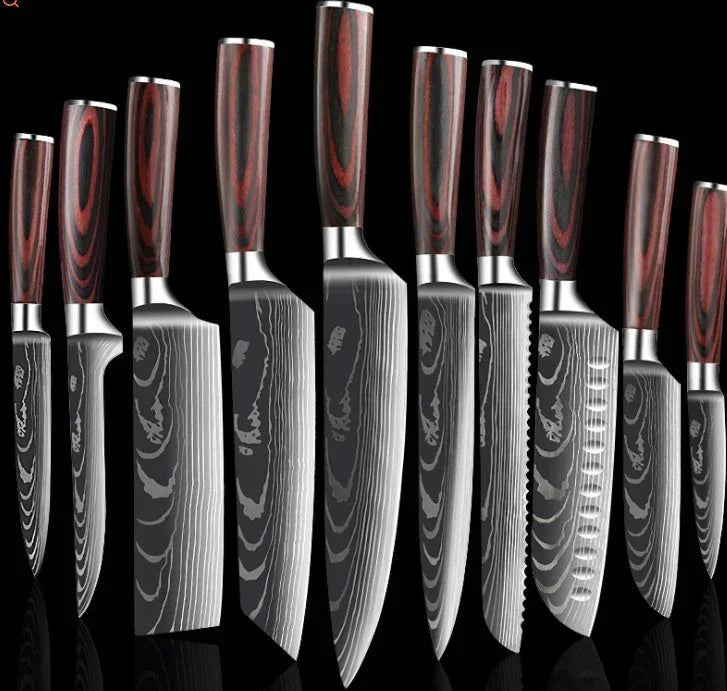 Set of chef knives with dark wood handles and Damascus-style stainless steel blades