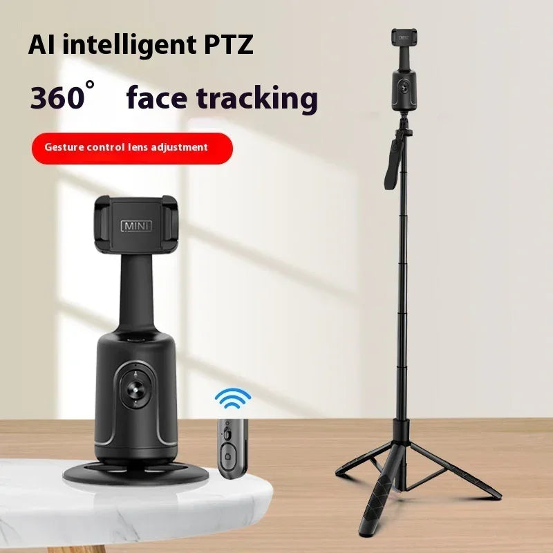 Black AI PTZ camera mount with 360-degree face tracking, tripod stand, and remote control