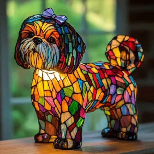 Multicolored stained glass dog lamp with a bow, glowing indoors on a wooden surface
