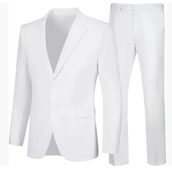 Slim fit white suit set with single-breasted blazer and matching trousers, modern style