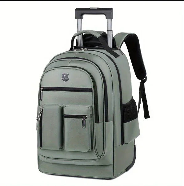 Sleek gray travel backpack with multiple compartments, durable fabric, and adjustable straps