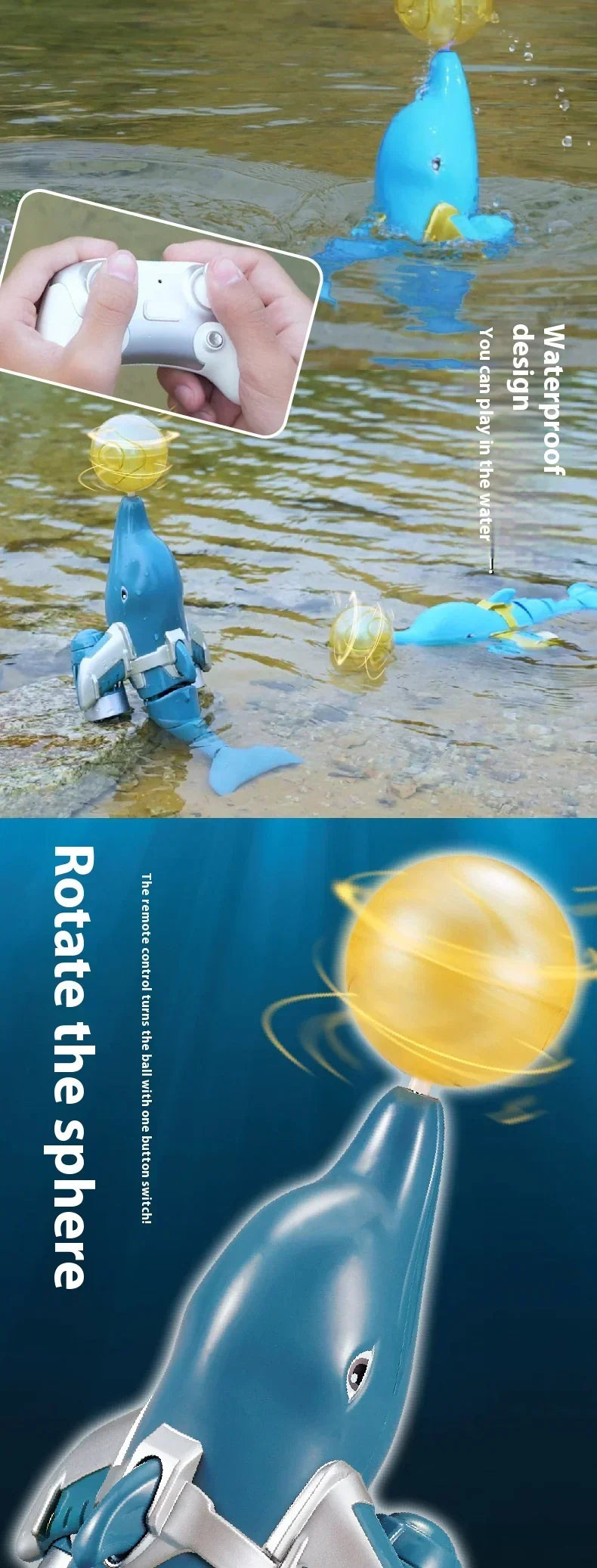 Remote control waterproof blue dolphin toy with rotating yellow ball, plastic material, playful fit