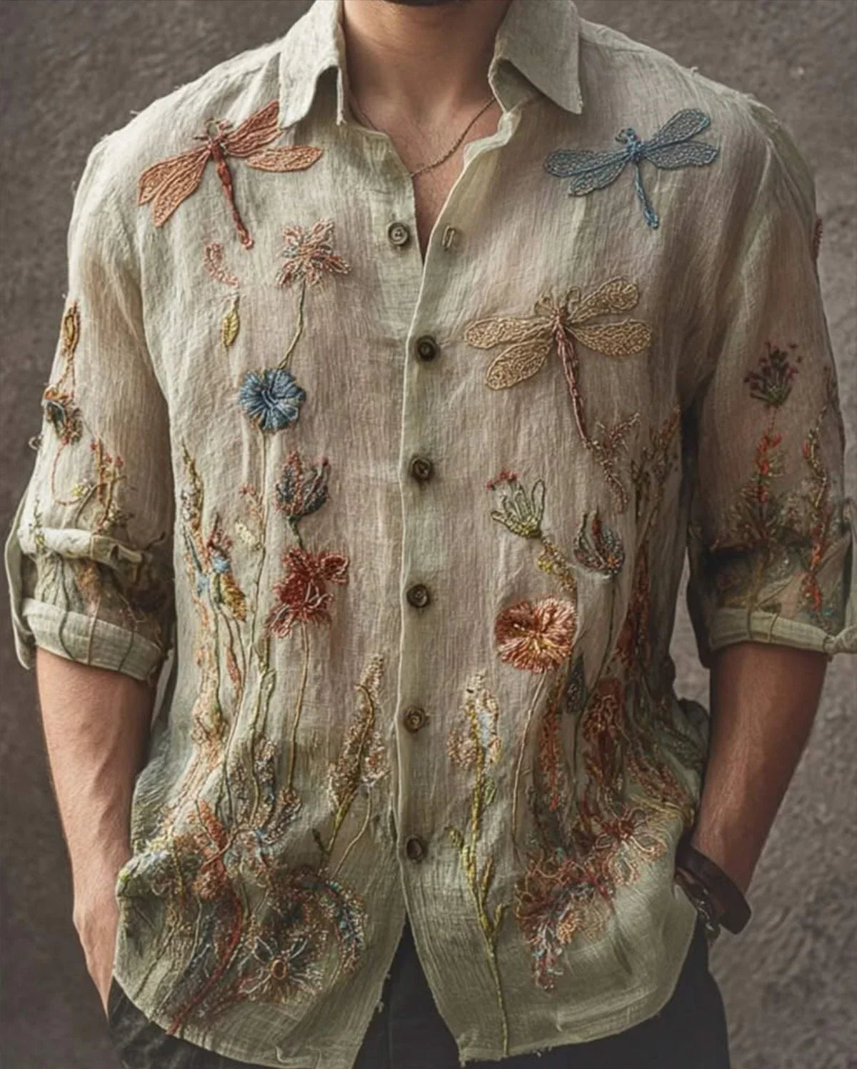 Men’s light beige linen shirt with colorful embroidered dragonflies and floral patterns, relaxed fit