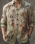 Men’s light beige linen shirt with colorful embroidered dragonflies and floral patterns, relaxed fit
