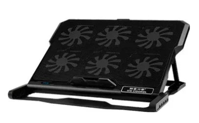 Black adjustable laptop cooling pad with six built-in cooling fans and mesh surface