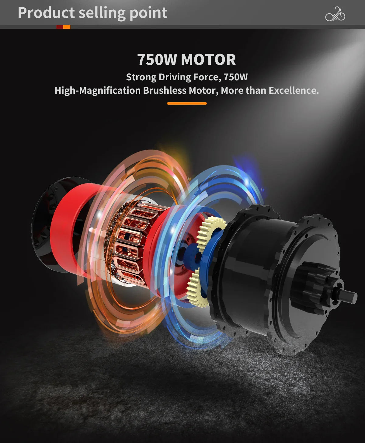 Exploded view of a 750W brushless motor with visible gears and wiring, in a dark tech setting.