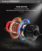 Exploded view of a 750W brushless motor with visible gears and wiring, in a dark tech setting.