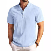 Light blue short sleeve textured shirt with vertical stripes and a relaxed fit
