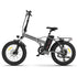 Silver folding electric bike with fat tires, black accents, rear rack, and upright handlebars