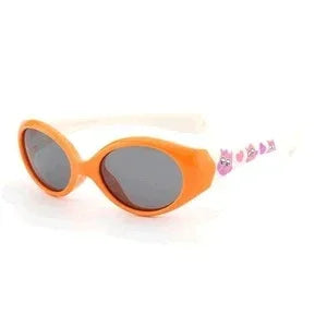 Oval orange sunglasses with white arms and playful pink accents, plastic frame, streetwear style.