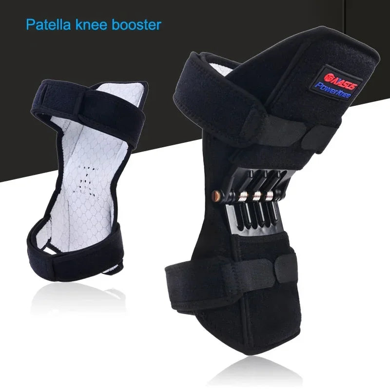 Adjustable black knee support brace with padded straps and metal spring support, ergonomic fit