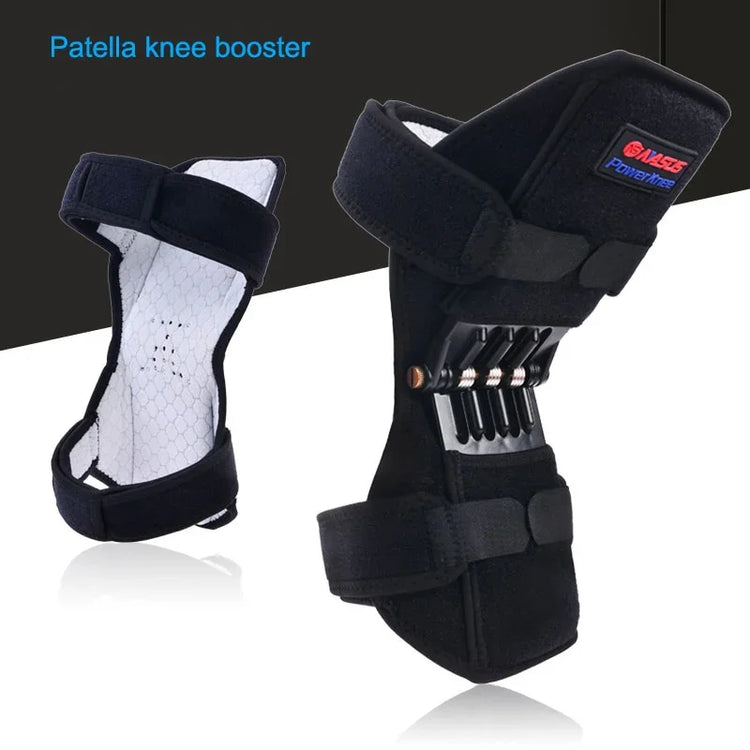 Adjustable black knee support brace with padded straps and metal spring support, ergonomic fit