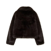 Black faux fur cropped jacket with long sleeves and relaxed fit, back view