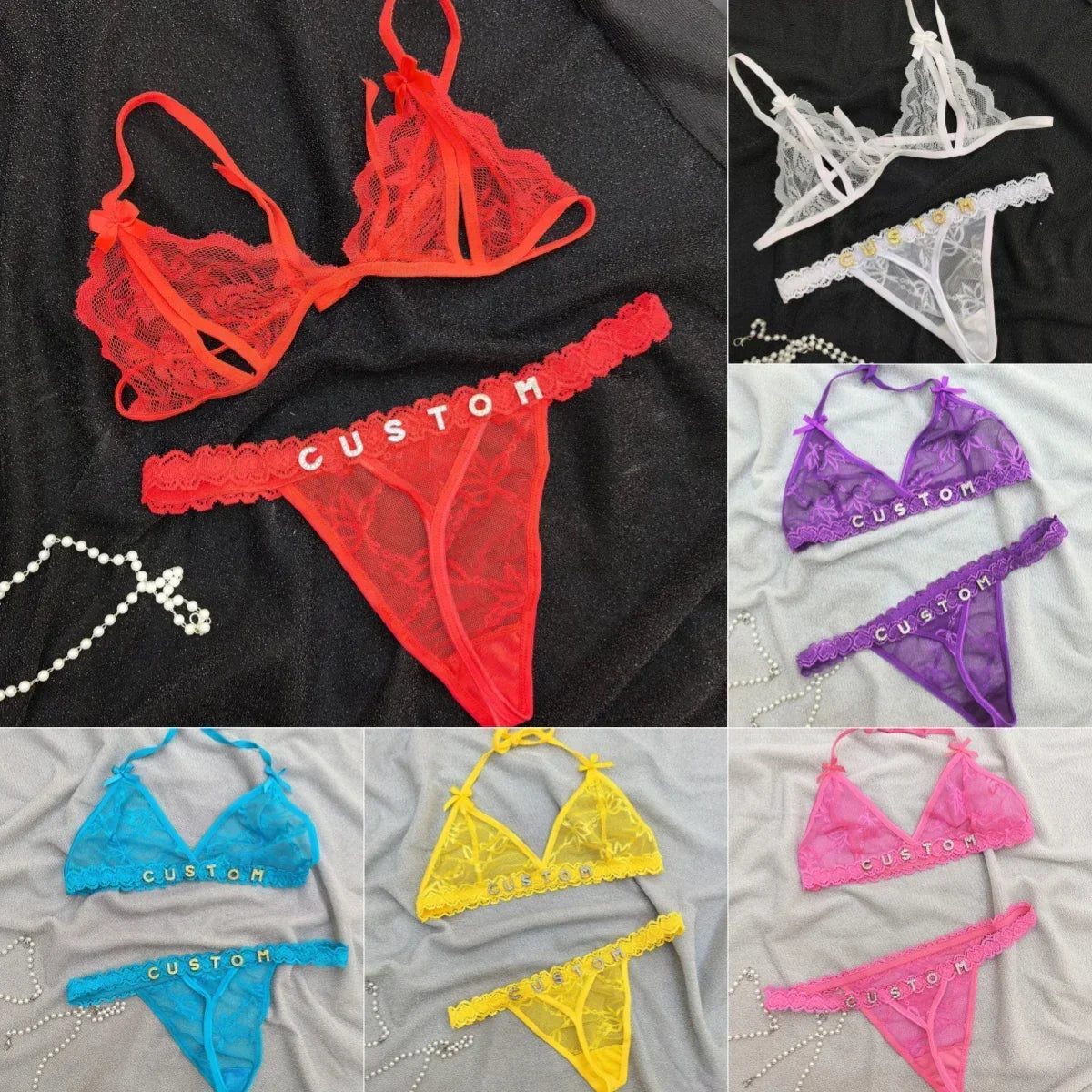 Assorted lace bralette and thong lingerie sets in red, white, purple, blue, yellow, and pink, each featuring a scalloped trim and customizable waistband text.