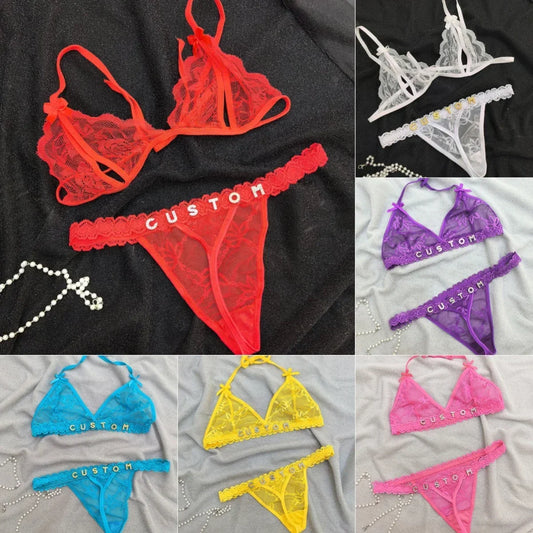 Assorted lace bralette and thong lingerie sets in red, white, purple, blue, yellow, and pink, each featuring a scalloped trim and customizable waistband text.