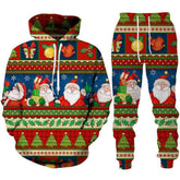 Festive Christmas hoodie and joggers set with Santa, gift boxes, and holiday patterns, relaxed fit