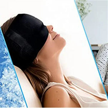 Woman wearing black oversized sleep mask, relaxed on couch, sleeveless top, soft fabric