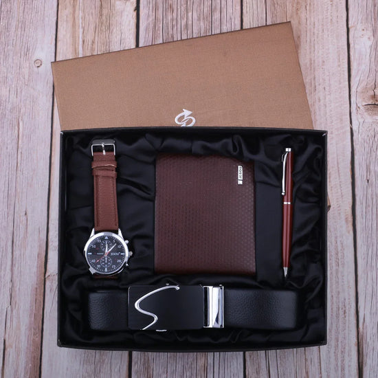 Gift set with brown leather watch, textured brown wallet, red pen, and black leather belt
