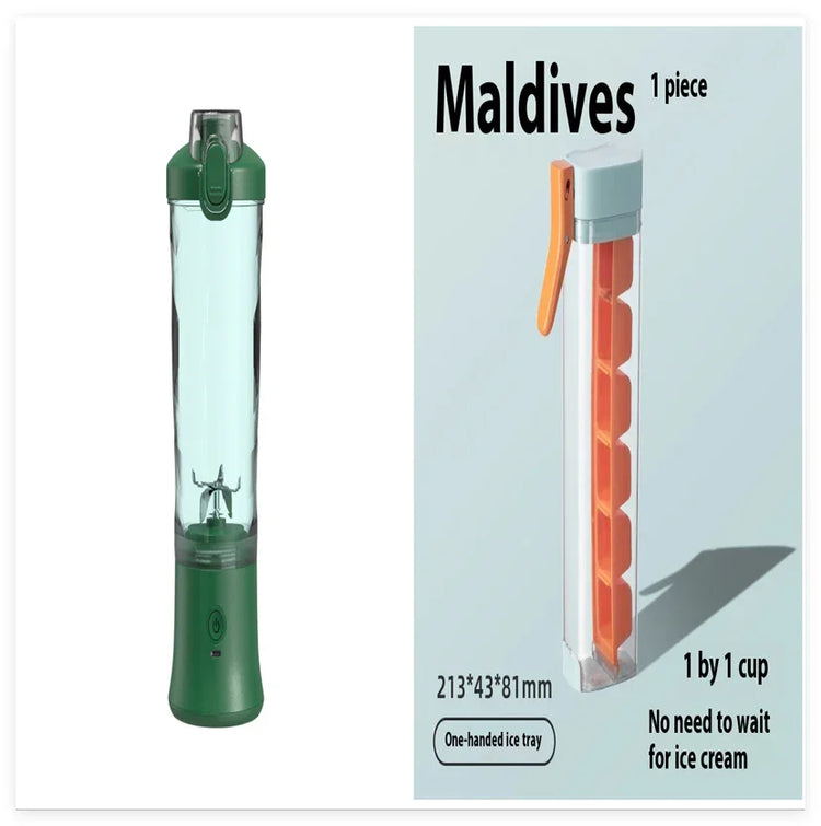 Portable blender with green base and clear body, next to a slim one-handed ice tray with orange cubes