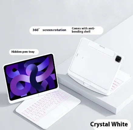 Crystal white tablet keyboard case with 360-degree rotation and hidden pen tray, tech accessory