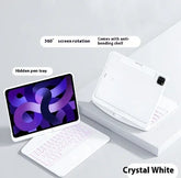 Crystal white tablet keyboard case with 360-degree rotation and hidden pen tray, tech accessory