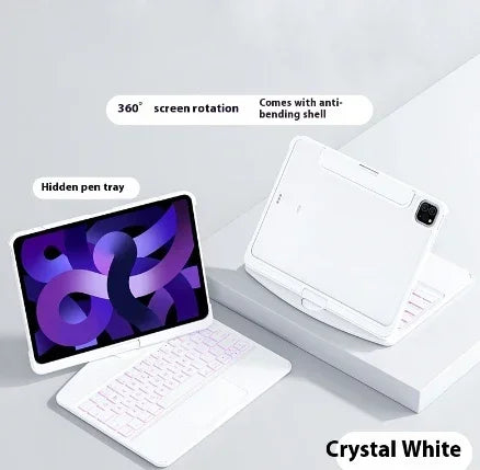 Crystal white tablet keyboard case with 360-degree rotation and hidden pen tray, tech accessory