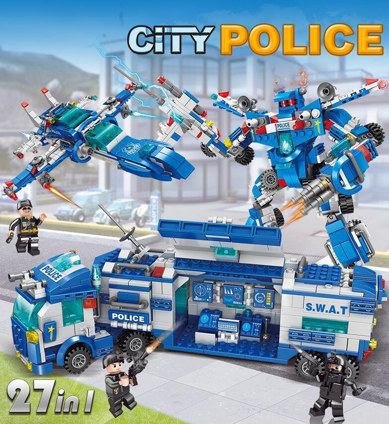 Blue and white building block police playset with robot, truck, jet, and action minifigures
