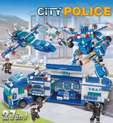 Blue and white building block police playset with robot, truck, jet, and action minifigures