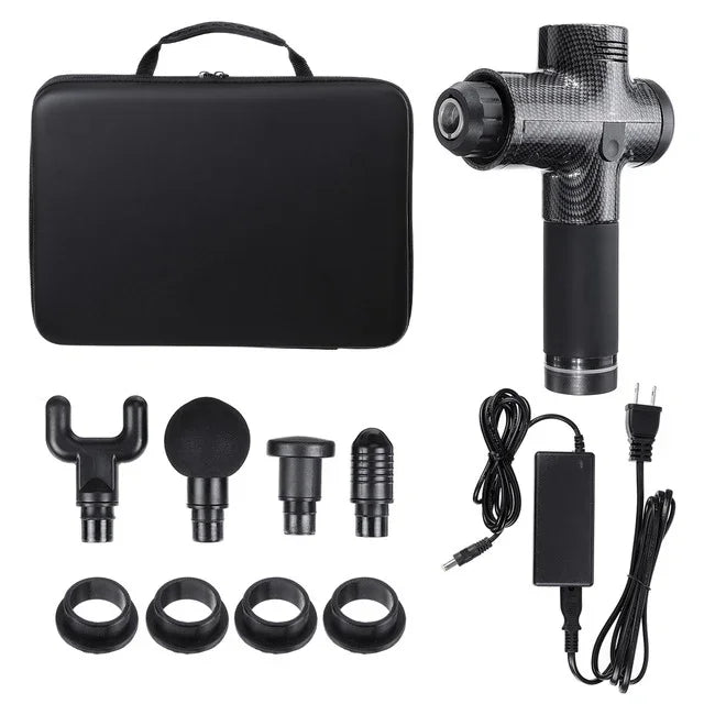 Black massage gun set with multiple interchangeable heads, carry case, and charger