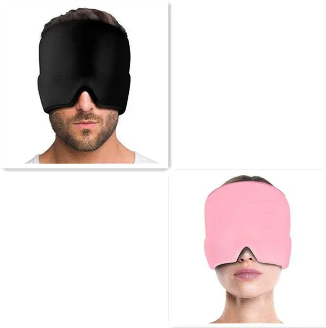 Man and woman wearing oversized soft sleep masks in black and pink, ergonomic fit.