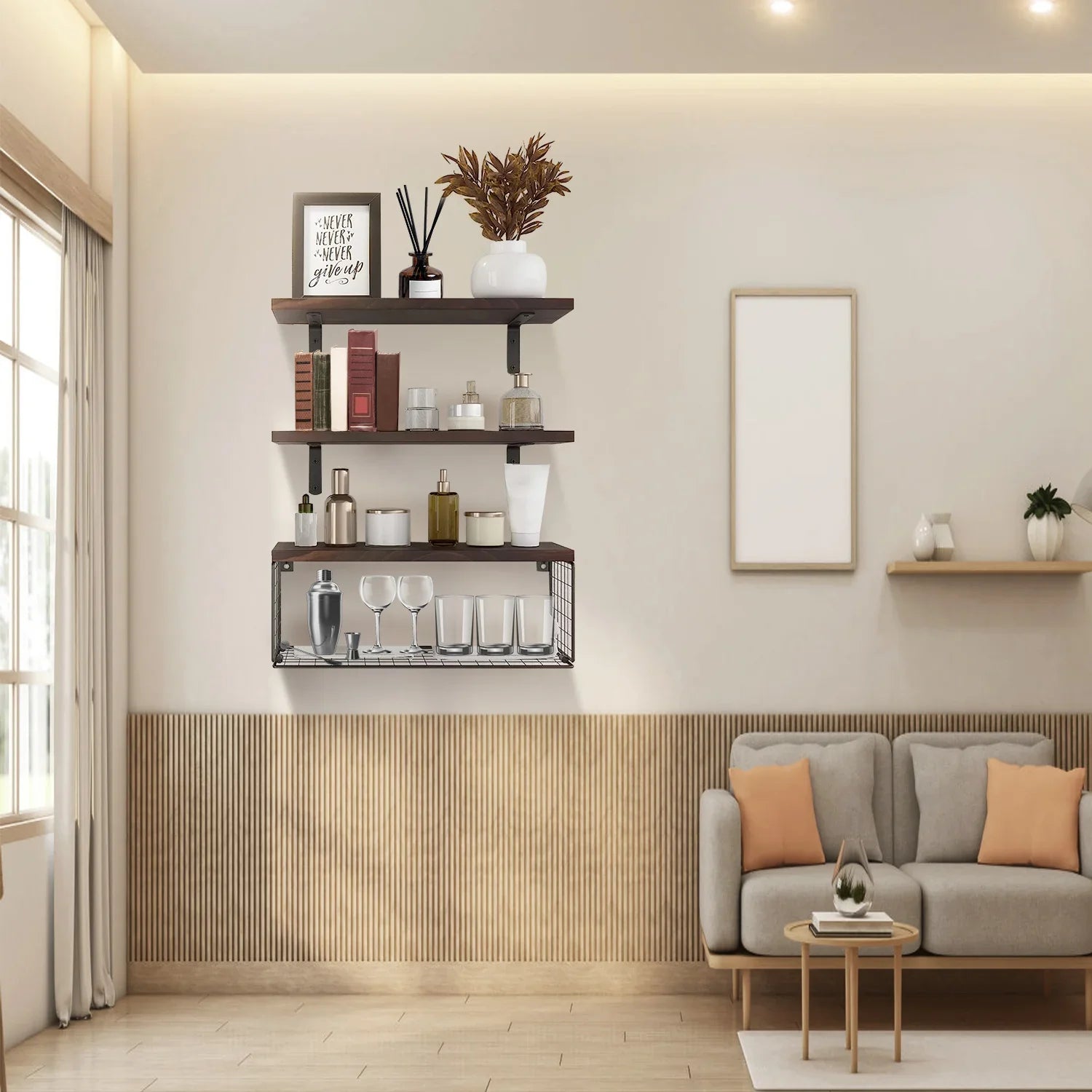 Modern living room with floating wooden shelves displaying glassware, books, and decor accents.