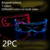 Futuristic LED light-up visor glasses in blue and red, tech style, acrylic material, adjustable fit.