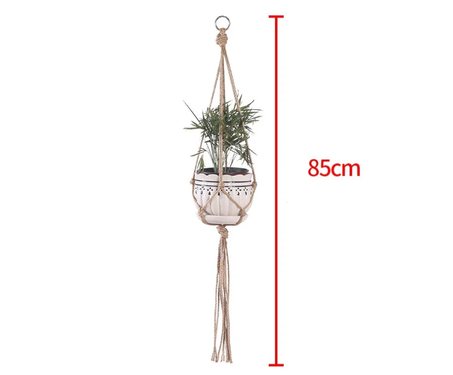 Natural rope macrame plant hanger with white ceramic pot, 85cm long, hanging decor.