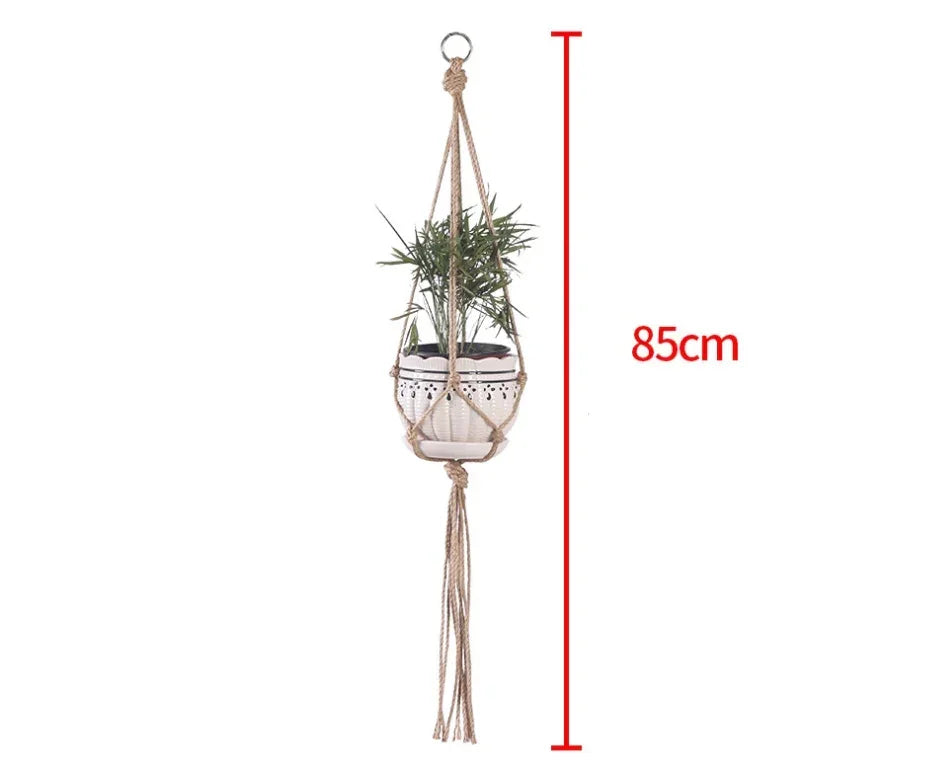 Natural rope macrame plant hanger with white ceramic pot, 85cm long, hanging decor.