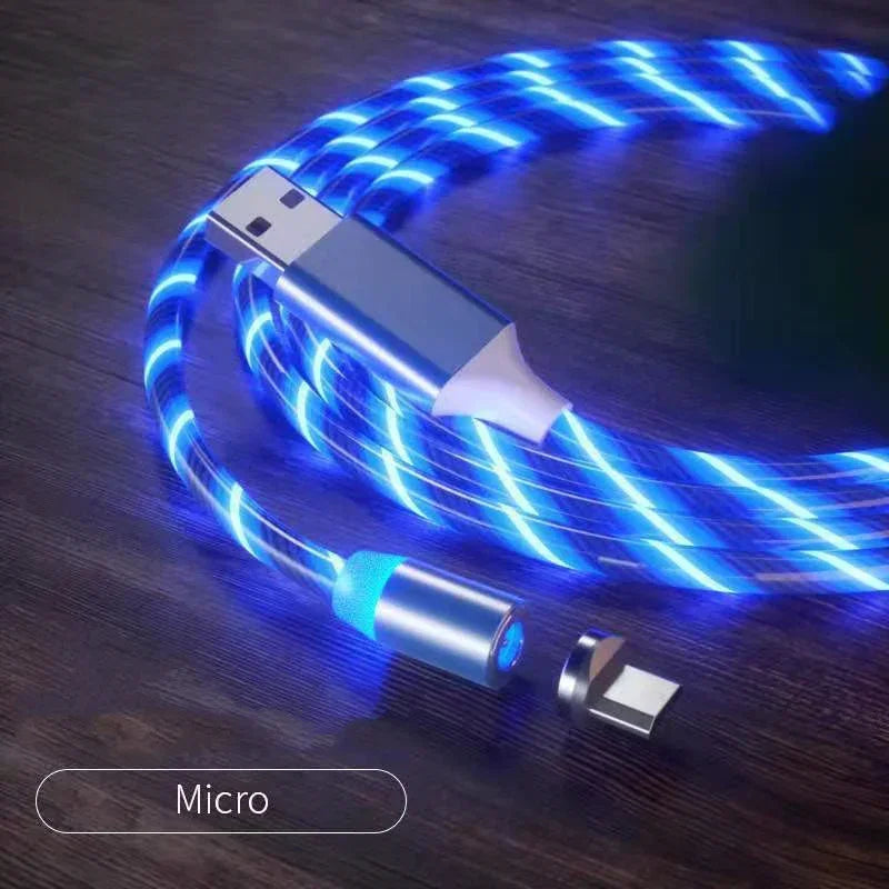 Glowing blue LED micro USB charging cable with magnetic connector on dark surface