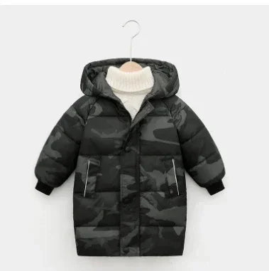Kids hooded puffer jacket in black camo print with zip pockets and relaxed fit