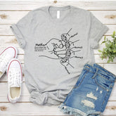 Light gray cotton graphic tee with rolled sleeves, featuring a hand-drawn family line art design, paired with distressed denim shorts, casual streetwear style.