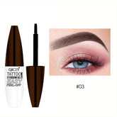 Peel-off eyebrow gel in dark brown with precise applicator and model eyebrow result.