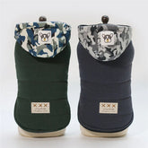 Two thick dog hoodies in green and navy, camo hoods with cartoon patch, quilted fabric, relaxed fit.