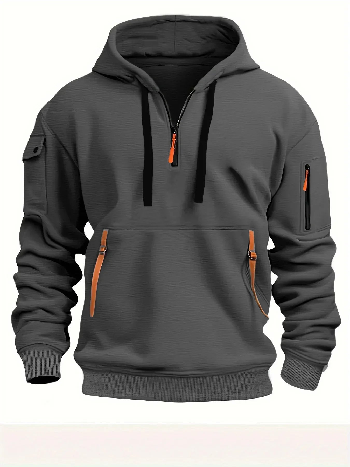 Gray streetwear hoodie with orange zipper accents, utility pockets, relaxed fit, ribbed cuffs