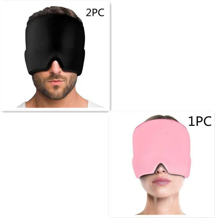 Man wearing a black oversized sleep mask and woman wearing a pink oversized sleep mask